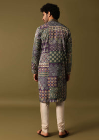 Purple Silk Printed Kurta Pyjama For Men