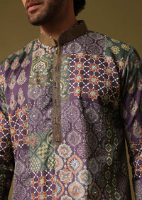 Purple Silk Printed Kurta Pyjama For Men