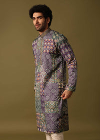 Purple Silk Printed Kurta Pyjama For Men