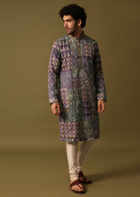 Purple Silk Printed Kurta Pyjama For Men