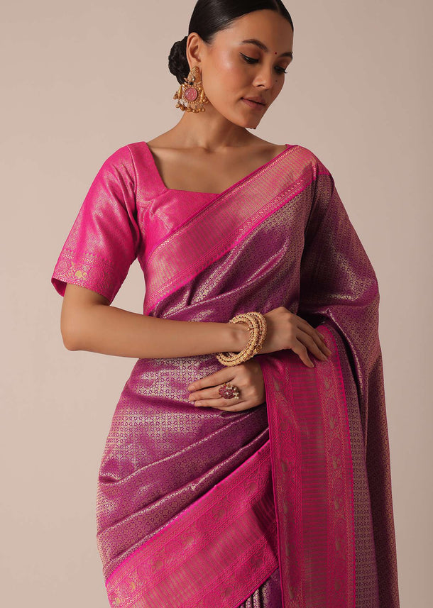 Purple Silk Saree With Brocade Weaves And Unstitched Blouse Piece