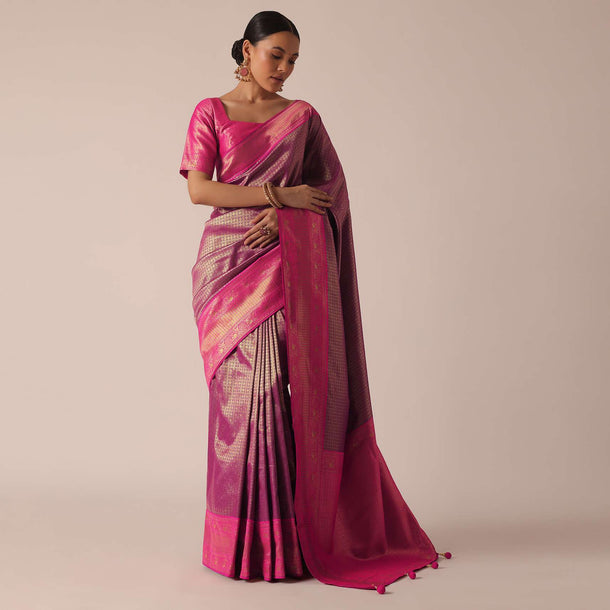 Purple Silk Saree With Brocade Weaves And Unstitched Blouse Piece