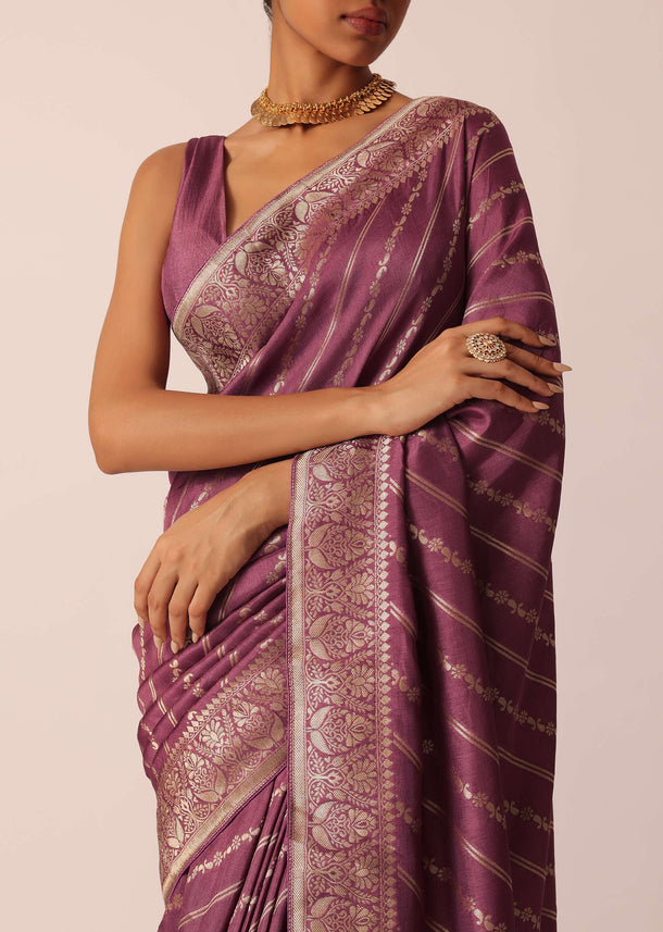 Purple Silk Saree with Zari Stripes And Unstitched Blouse Piece