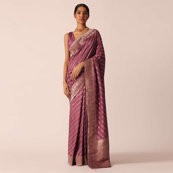 Purple Silk Saree with Zari Stripes And Unstitched Blouse Piece