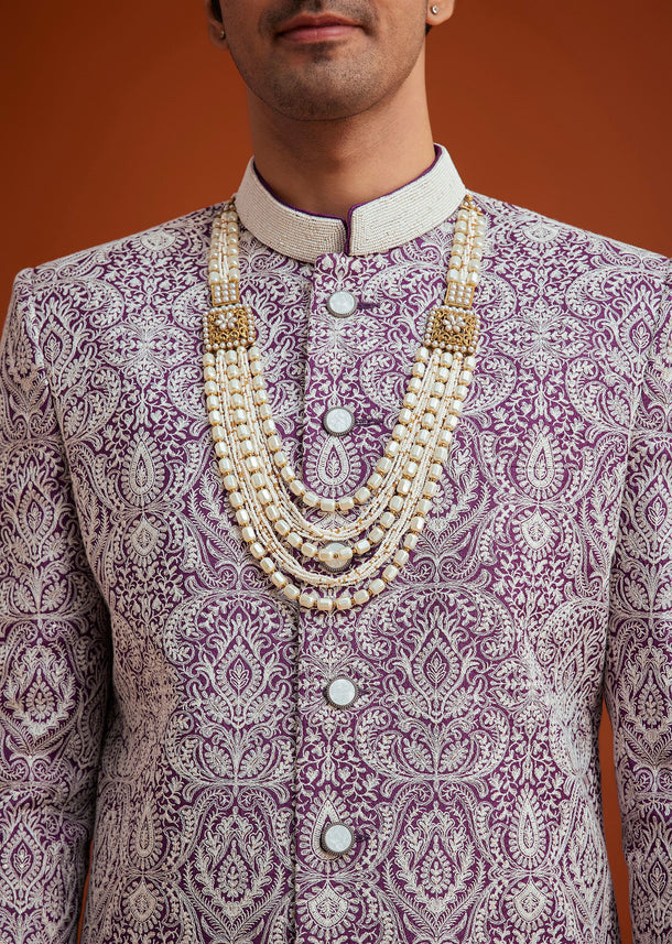 Purple Silk Sherwani Set With Bead Work