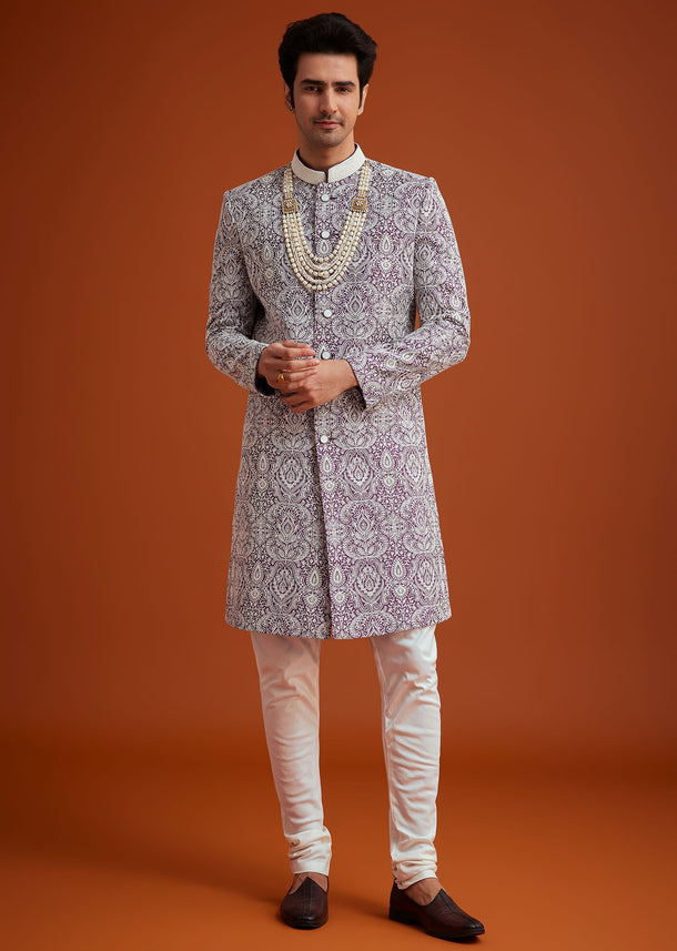 Purple Silk Sherwani Set With Bead Work