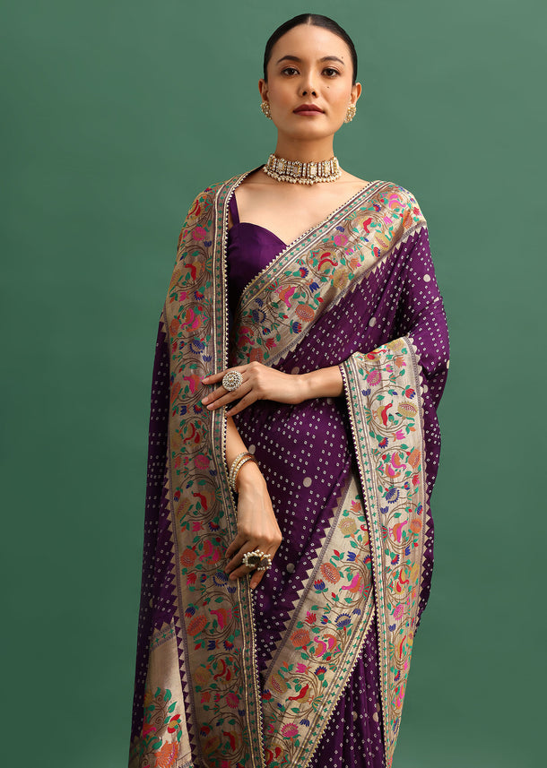Purple Silk Woven Bandhani Saree With Paithani Border Pallu And Unstitched Blouse