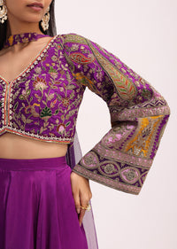 Purple Silk Zari Crop Top And Palazzo With Dupatta