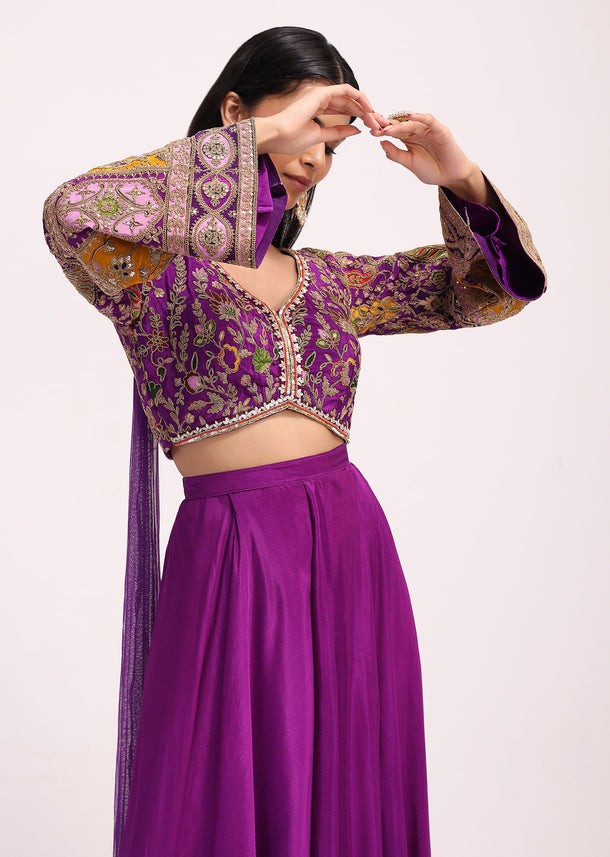 Purple Silk Zari Crop Top And Palazzo With Dupatta