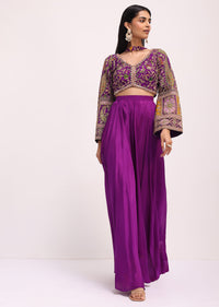 Purple Silk Zari Crop Top And Palazzo With Dupatta