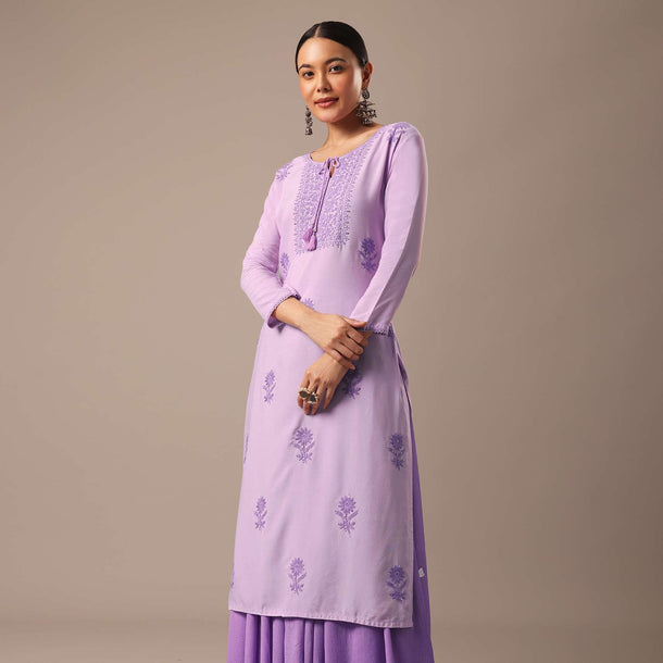 Purple Slim Fit Lucknowi Kurta With Sequin Work