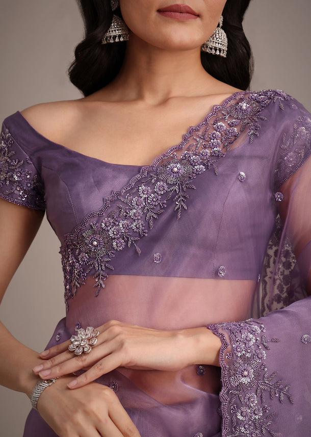 Purple Soft Organza Saree With Cutdana Sequins Embroidery