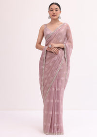 Purple Stone Embroidered Saree With Unstitched Blouse