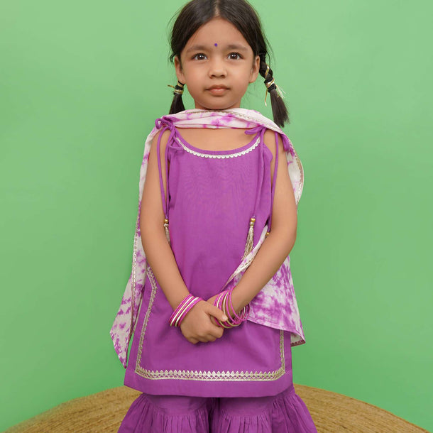 Kalki Girls Purple Strappy Straight Cut Sharara Suit With Gotta Patti Work And A Tie Dye Dupatta By Tiber Taber