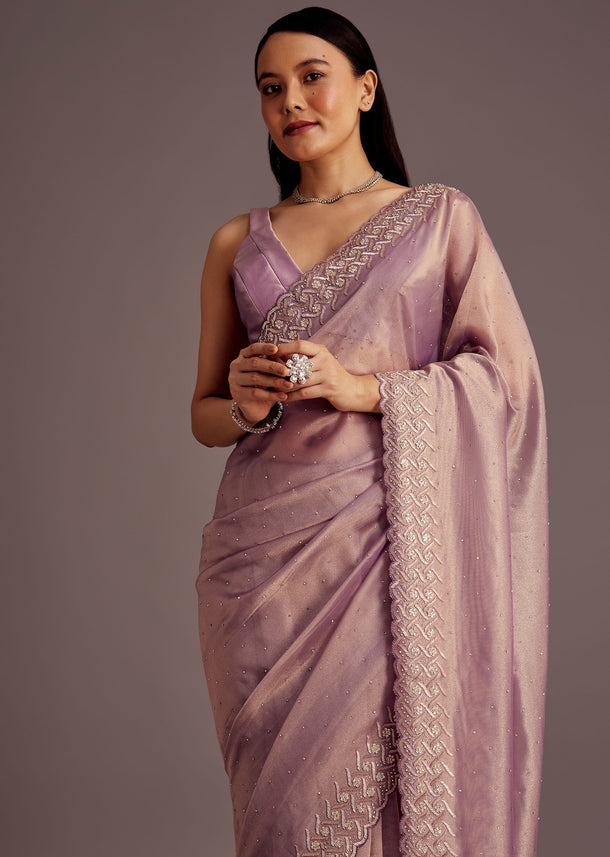 Purple Tissue Saree With Cutdana And Stone Embroidery