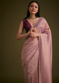 Purple Tissue Sequins Saree With Contrast Blouse