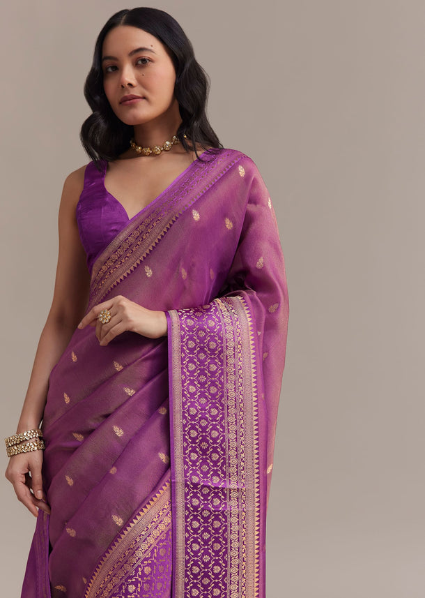 Lavendar Tissue Silk Saree With Butti Work And Chanderi Zari Woven Border