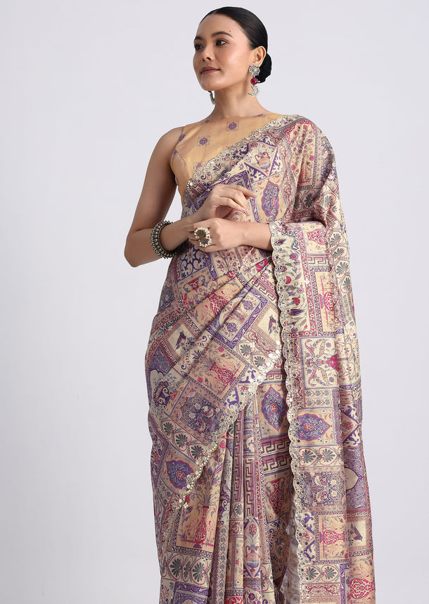 Purple Tussar Silk Printed Saree with Mirror Work