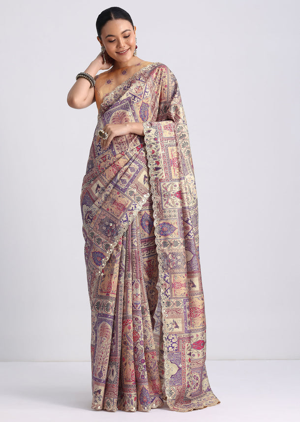 Purple Tussar Silk Printed Saree with Mirror Work