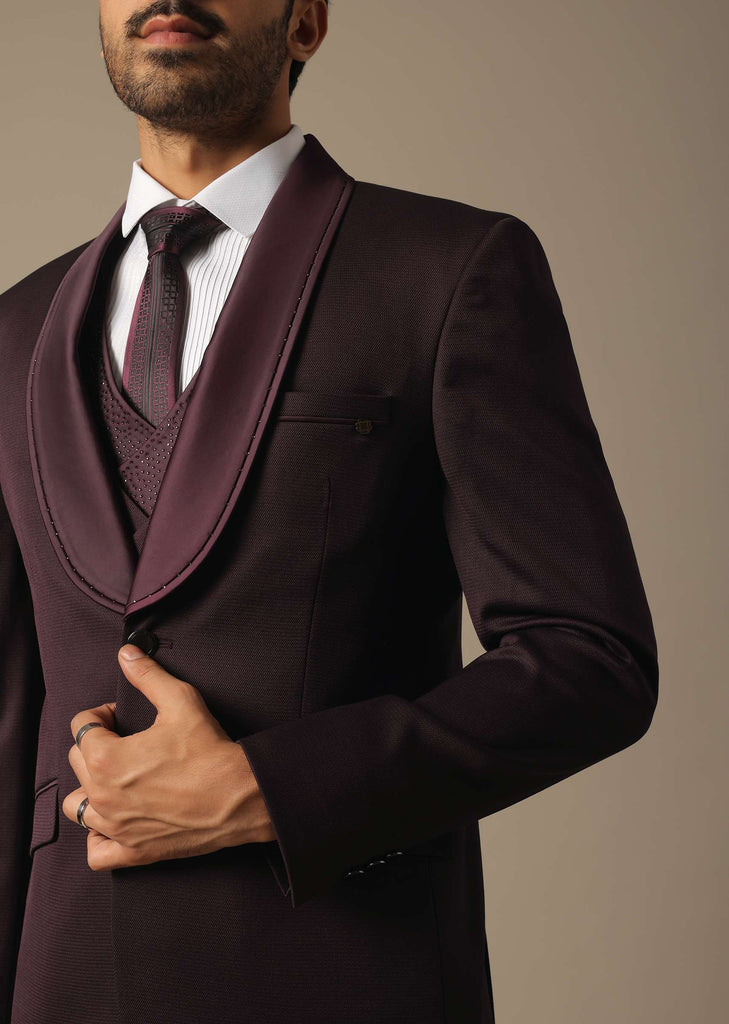 Purple Tuxedo With Intricate Cut Work