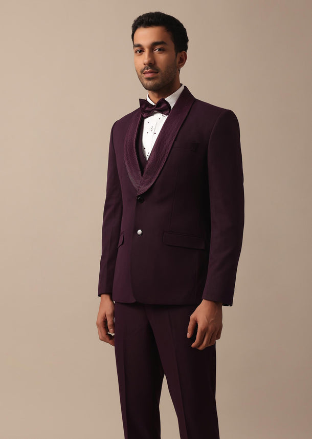 Purple Wine Coloured Tuxedo With Intricate All Over Embroidery