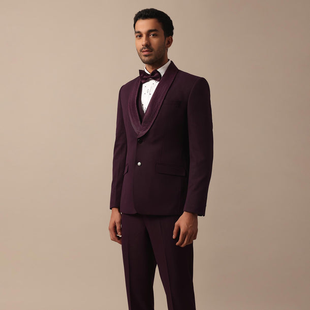 Purple Wine Coloured Tuxedo With Intricate All Over Embroidery