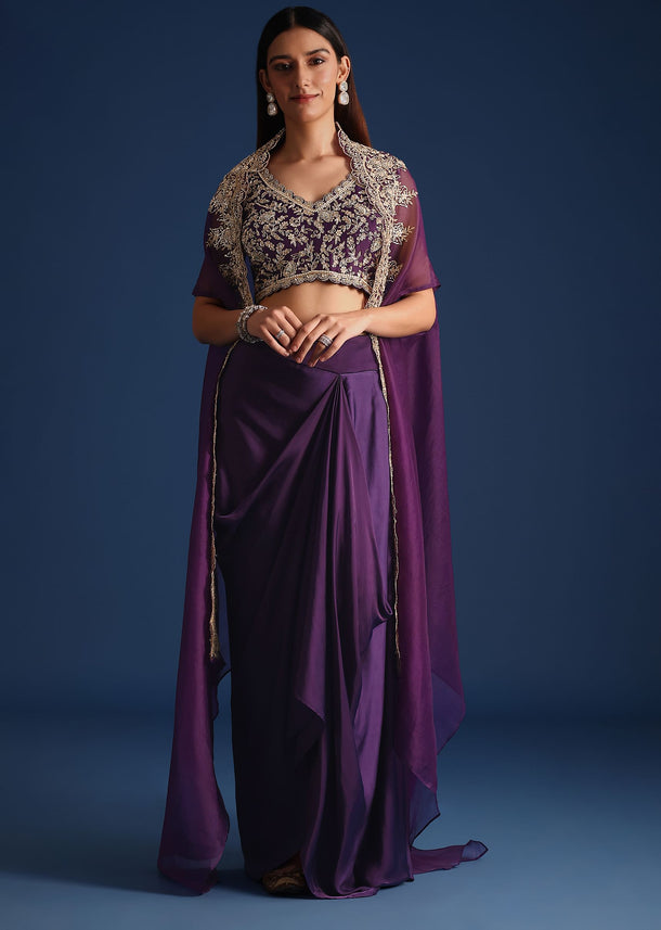 Purple Zardozi Work Jacket With Crop Top And Skirt