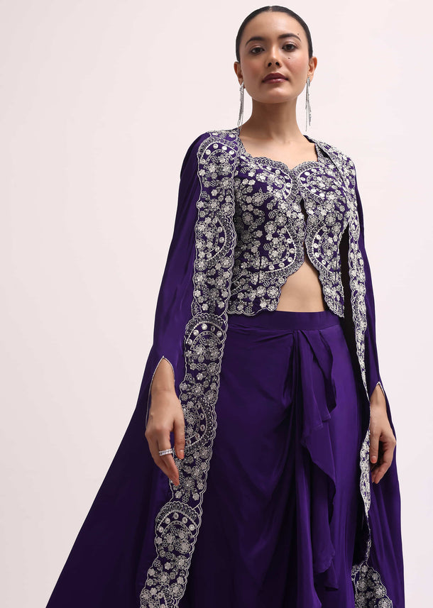 Purple Zari Embellished Crop Top And Skirt Set