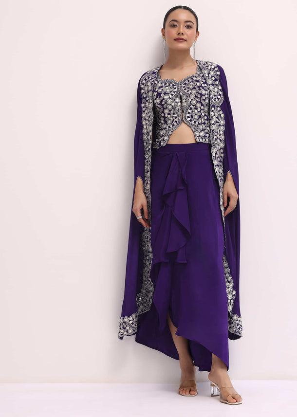 Purple Zari Embellished Crop Top And Skirt Set