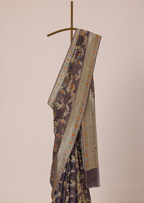 Purple Zari Saree In Crushed Silk Georgette
