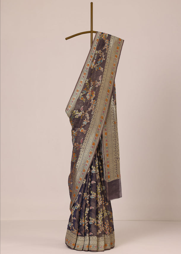 Purple Zari Saree In Crushed Silk Georgette