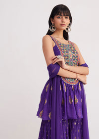 Purple Zari Threadwork Sharara Kurta With Net Dupatta
