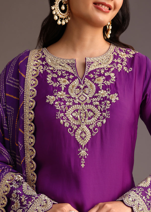Purple Zari Work Palazzo Suit With Organza Dupatta