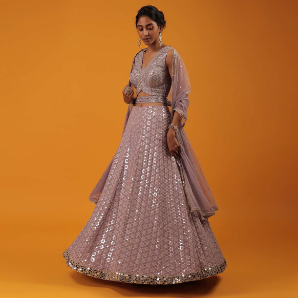 Quail Purple Lehenga With Crop Top Beautified In Lucknowi And Sequins Floral Work