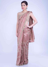 Quartz Pink Saree In Crepe Silk With Dusty Pink Raw Silk Blouse Piece Online - Kalki Fashion