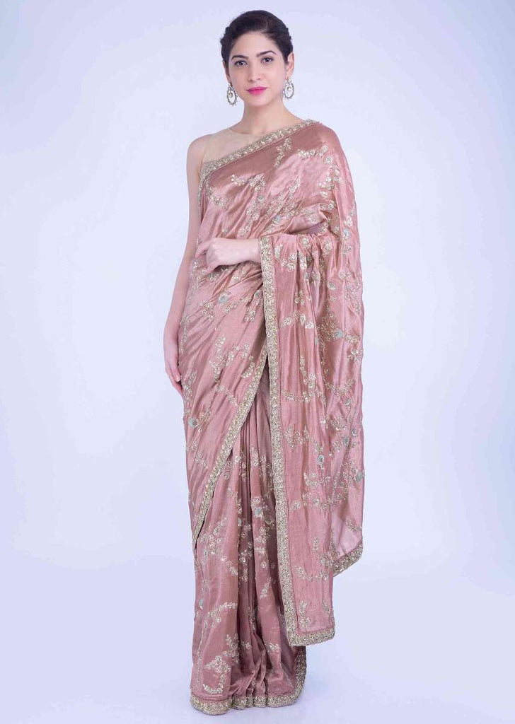 Quartz Pink Saree In Crepe Silk With Dusty Pink Raw Silk Blouse Piece Online - Kalki Fashion