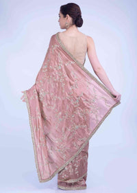 Quartz Pink Saree In Crepe Silk With Dusty Pink Raw Silk Blouse Piece Online - Kalki Fashion