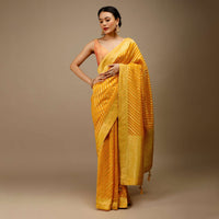 Radiant Yellow Saree In Georgette With Brocade Woven Diagonal Stripes And Floral Border