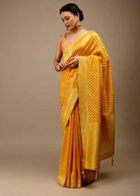Radiant Yellow Saree In Georgette With Brocade Woven Diagonal Stripes And Floral Border