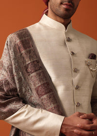 Radiant Gold Silk Sherwani Set With Pure Silk Pashmina Dupatta