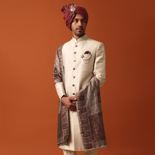 Radiant Gold Silk Sherwani Set With Pure Silk Pashmina Dupatta