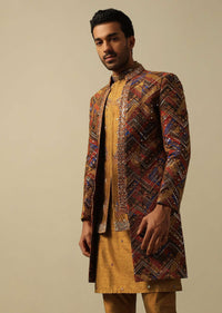 Radiant Orange Silk Indowestern For Men