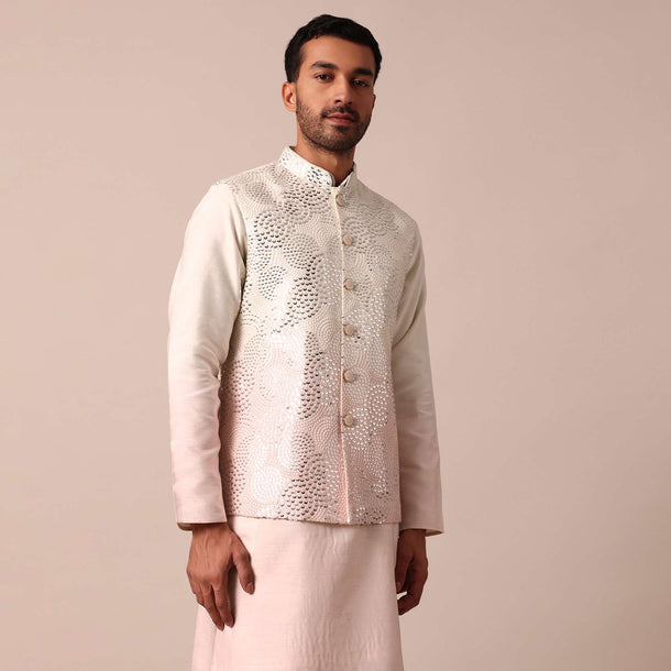 Radiant Ombre Pink Silk Jacket Kurta Set For Men