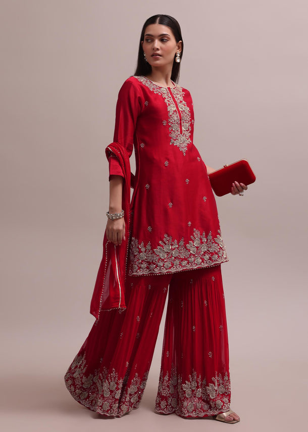 Radiant Red Heavy Zardosi Worked Sharara And Kurta With Lace Dupatta