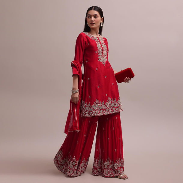 Radiant Red Heavy Zardosi Worked Sharara And Kurta With Lace Dupatta