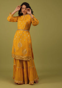 Radiant Yellow Gharara Suit Set In Brocade With Embroidery In Dola Silk