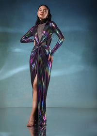 Rainbow Metallic One Piece Gown In Metallic And Mesh Fabric