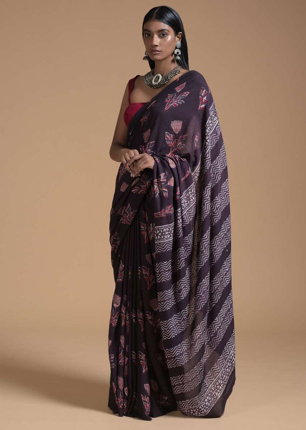 Brown Saree In Cotton With Batik Printed Floral Buttis Online - Kalki Fashion