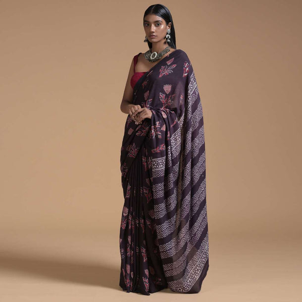 Brown Saree In Cotton With Batik Printed Floral Buttis Online - Kalki Fashion