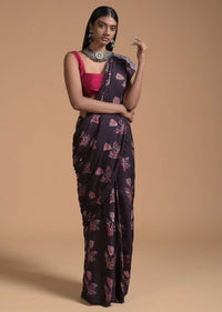 Brown Saree In Cotton With Batik Printed Floral Buttis Online - Kalki Fashion